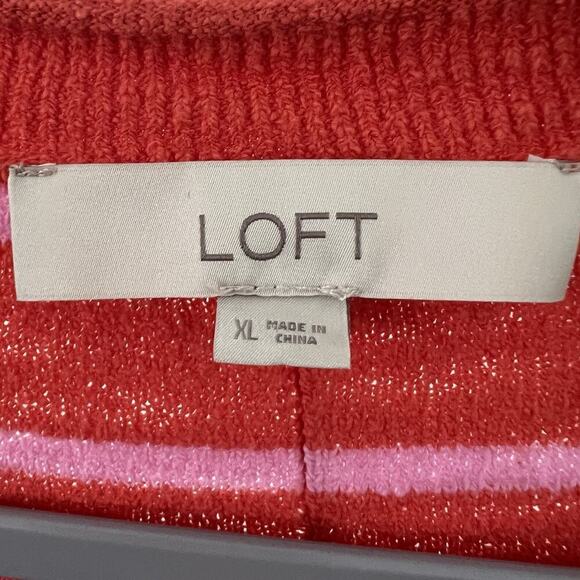 LOFT Sweater Womens XL Pink Striped Button Henley Knit Slouchy Beachy Summer - Picture 4 of 16